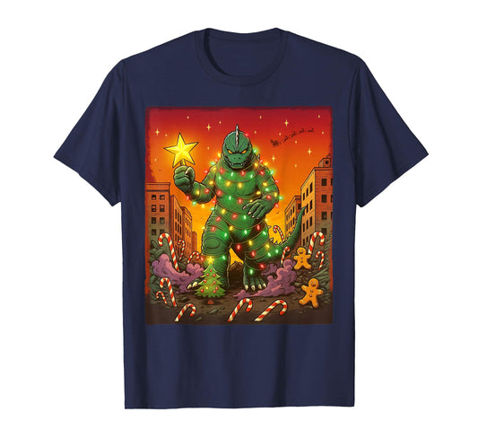 Japanese Monster Kaiju Santazilla Christmas Tree Lights T-Shirt