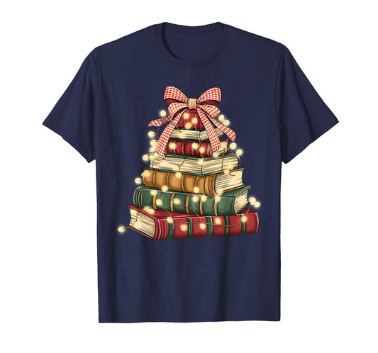 Christmas Book Tree Stacked Reading Library Holiday T-Shirt