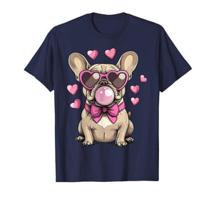 French Bulldog Blowing Bubble Heart Glasses Valentine Day T-Shirt