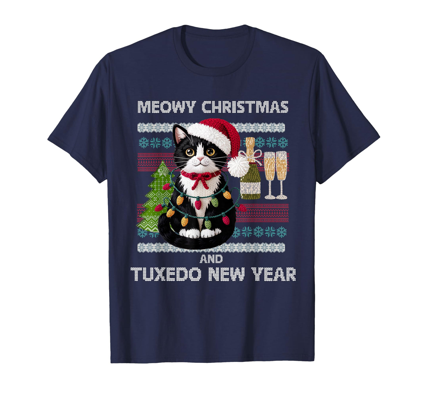 Meowy Christmas Funny Tuxedo Cat Santa Hat Ugly Sweater T-Shirt