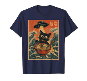 Black Cat Ramen Alien UFO Funny Japanese Kawaii Anime Funny T-Shirt
