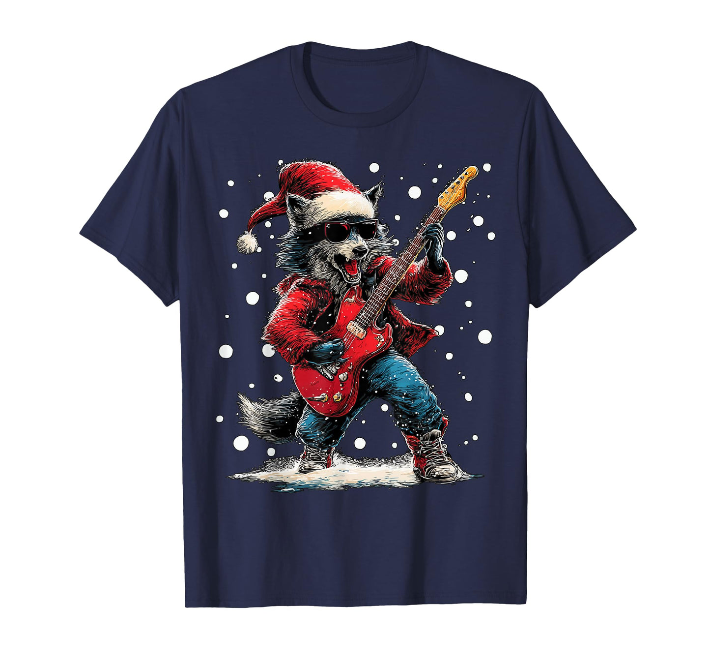 Christmas Wolf Playing Guitar Funny Musician Animal Music T-Shirt