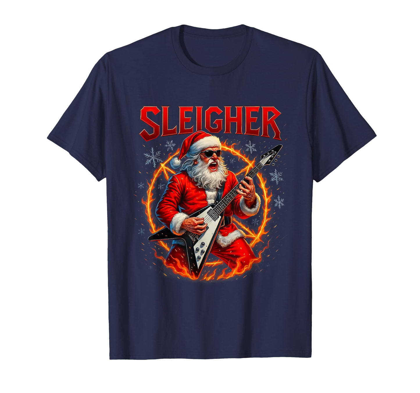Sleigher Metal Santa Rocking Christmas Design T-Shirt