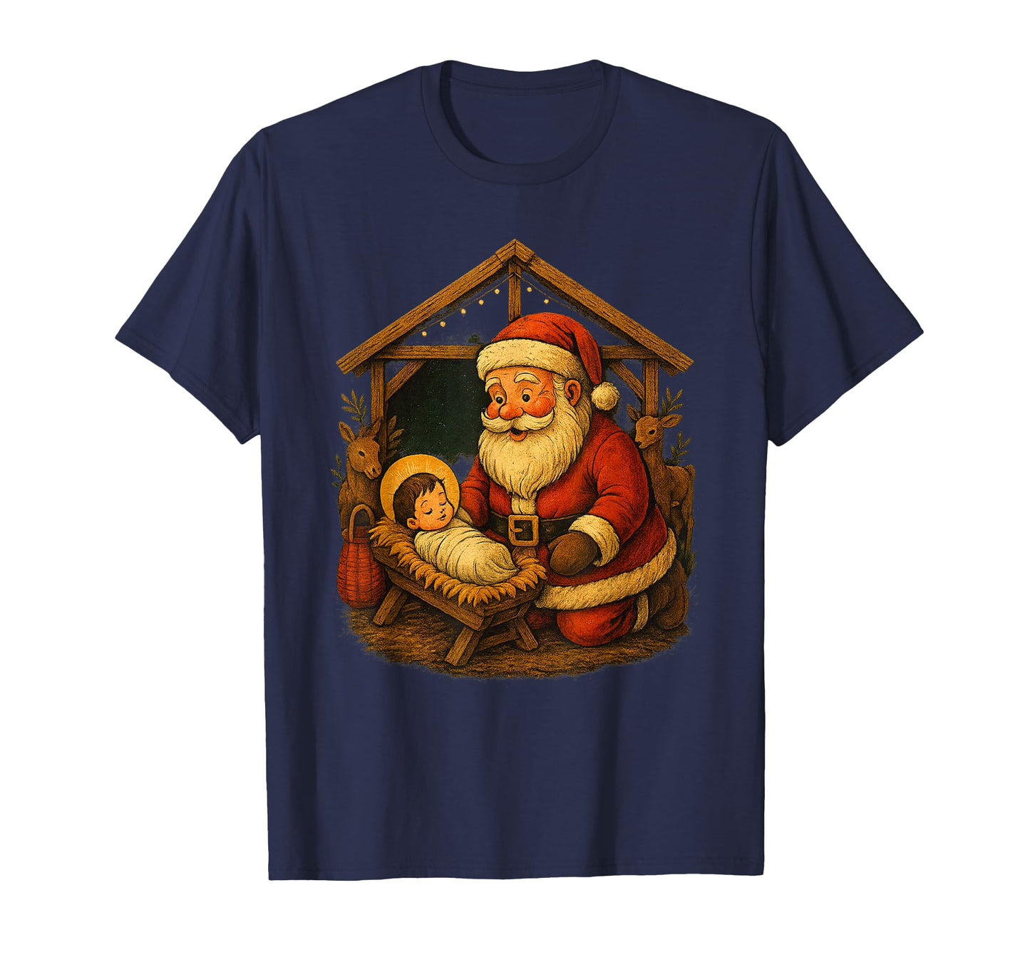Christmas Design Kneeling Santa Claus with Baby Jesus T-Shirt