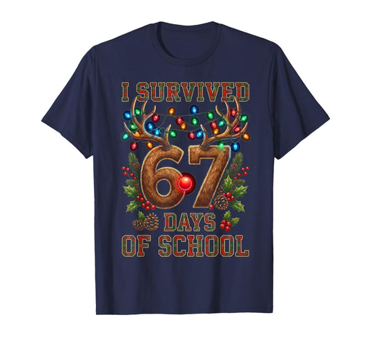 I Survived 67 Day of School Xmas Santa Reindeer Meme T-Shirt
