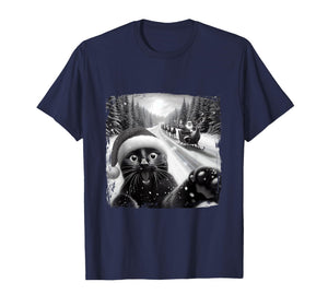 Funny Black Cat Christmas Selfie Santa Sleigh Snow Winter T-Shirt