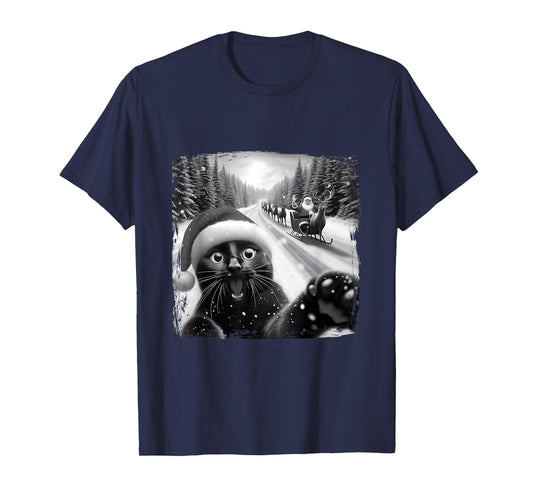 Funny Black Cat Christmas Selfie Santa Sleigh Snow Winter T-Shirt