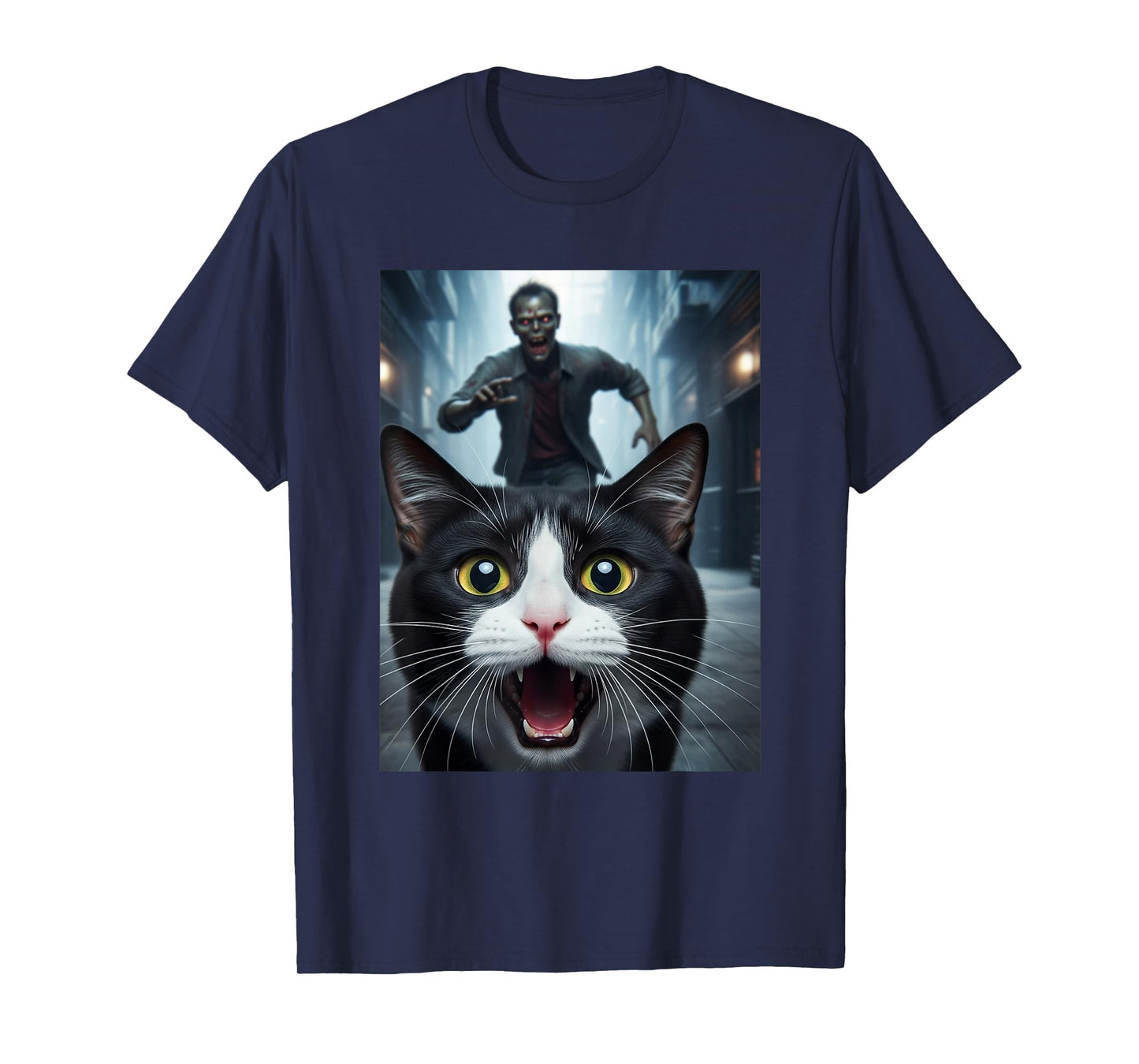 Tuxedo Cat Selfie with Zombie Funny Pet Owner Graphic T-Shirt