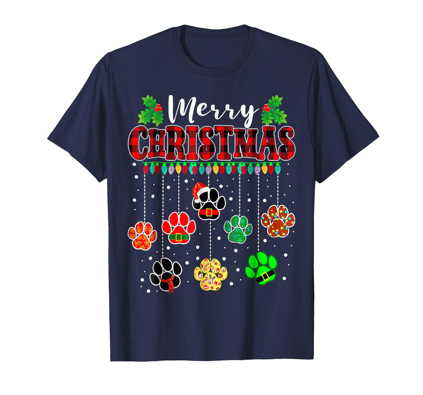 Merry Christmas Lights Dog Paw Xmas T-Shirt