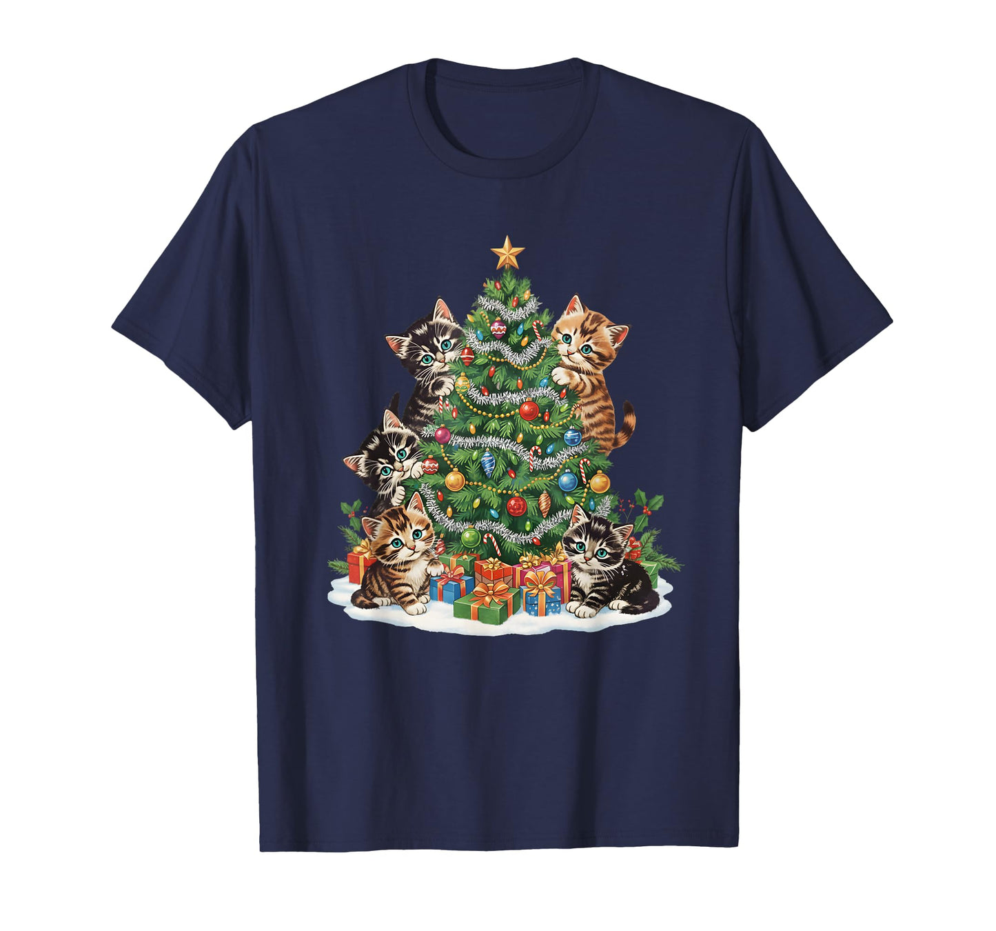 Vintage Retro 90's Cat Christmas Tree Pet Lover Pajama T-Shirt