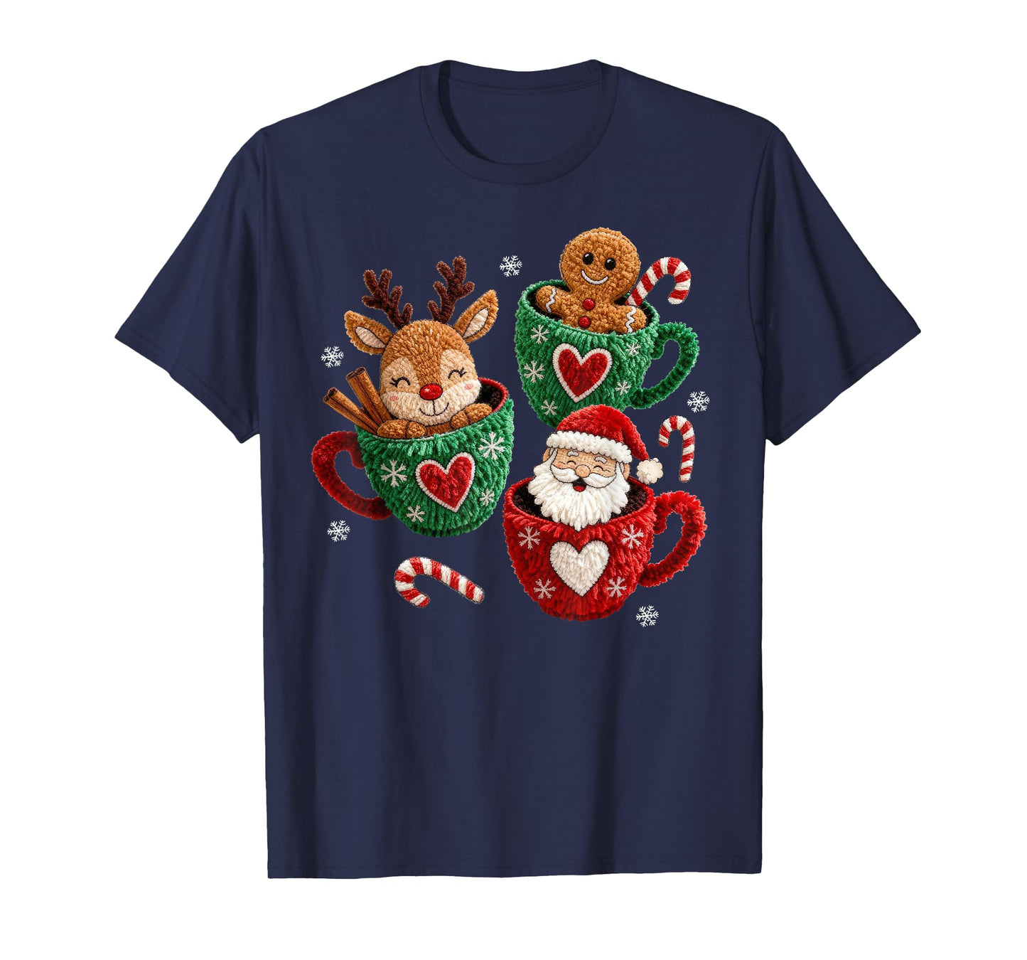 Santa Reindeer Gingerbread Faux Yarn Christmas T-Shirt