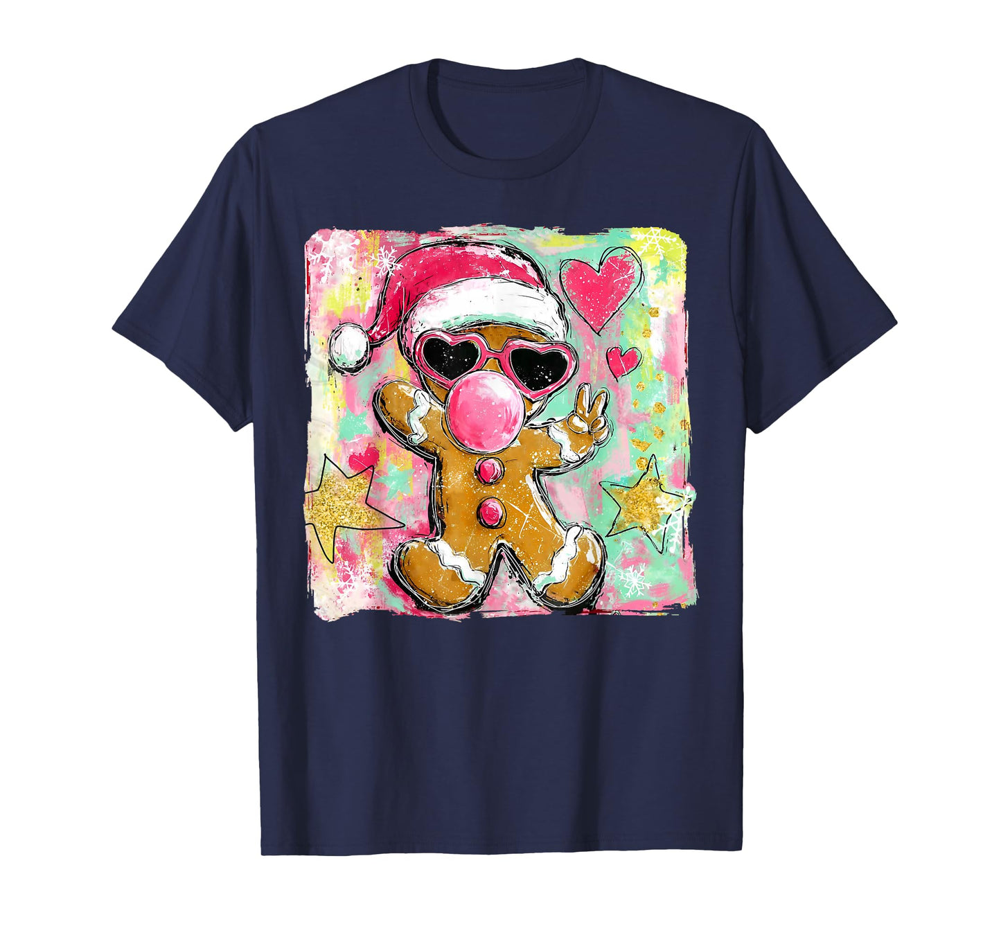Retro Gingerbread Blowing Bubble Gum Sunglasses Christmas T-Shirt