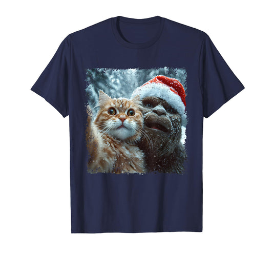 Funny Bigfoot and Cat Christmas Selfie Design T-Shirt