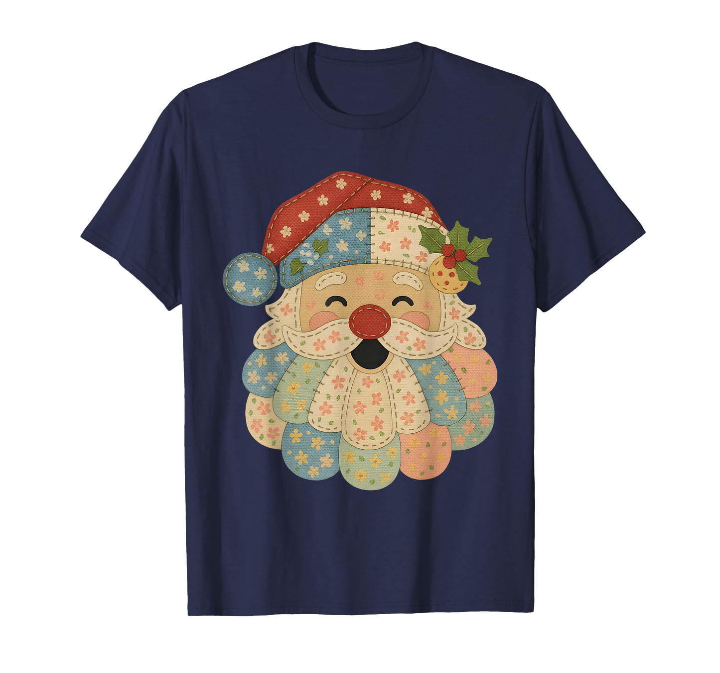 Pastel Patchwork Santa Vintage Quilt Christmas Tee T-Shirt