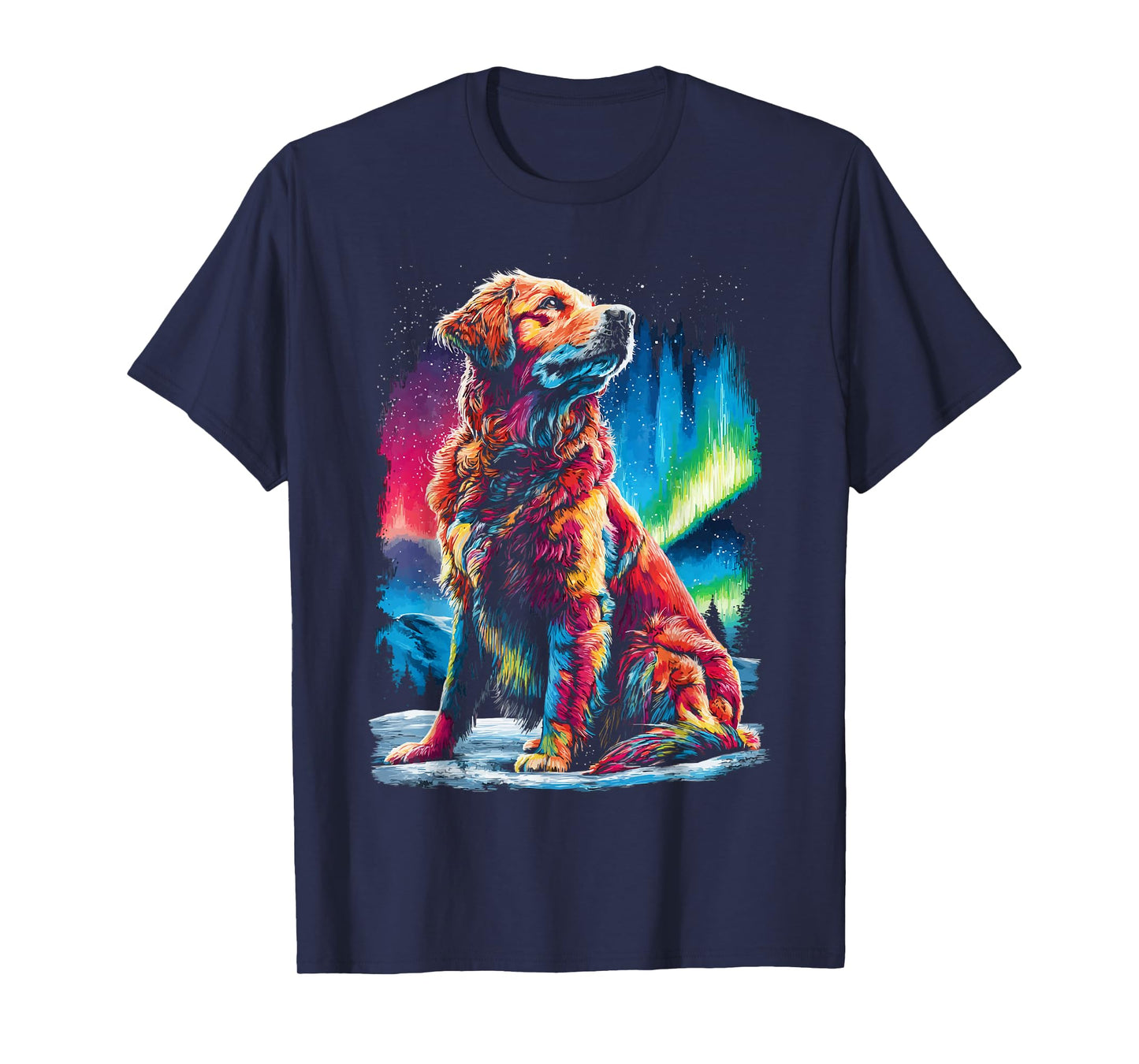 Colorful Golden Retriever Dog Aurora Borealis Winter Forest T-Shirt