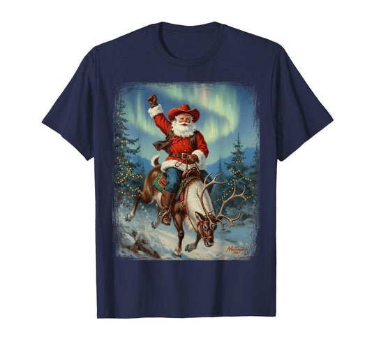 Riding A Reindeer Under The Northern Lights Cowboy Santa T-Shirt