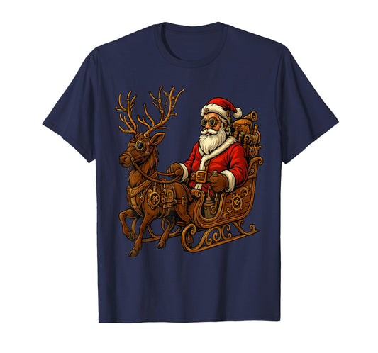 Santa Steampunk Sleigh Mechanical Industrial Christmas T-Shirt