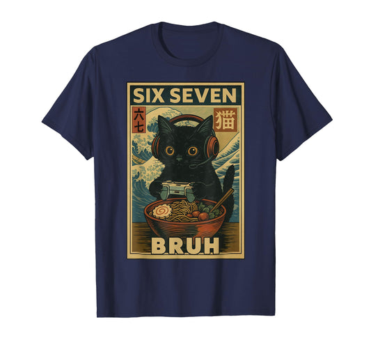Six Seven Bruh Vintage Cat Meme Gift for Men Women Kids Boy T-Shirt