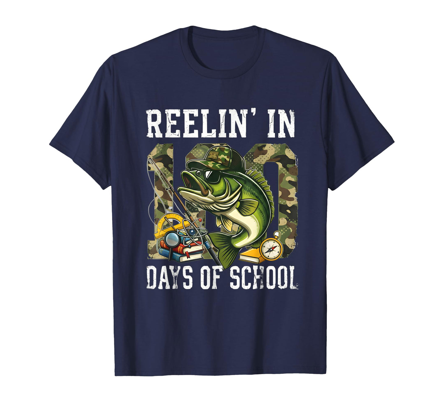 Reelin' in 100 Days of School Bass Camo Fishing Lover Boys T-Shirt
