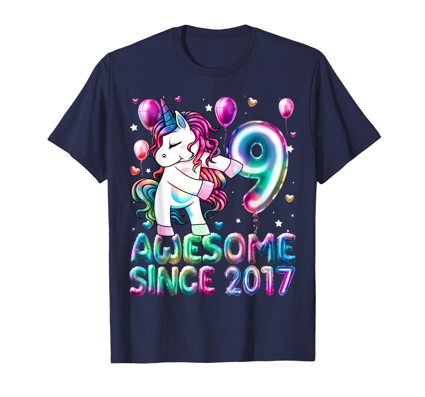 9 Year Old Girl Awesome Since 2017 Unicorn 9th Birthday Girl T-Shirt