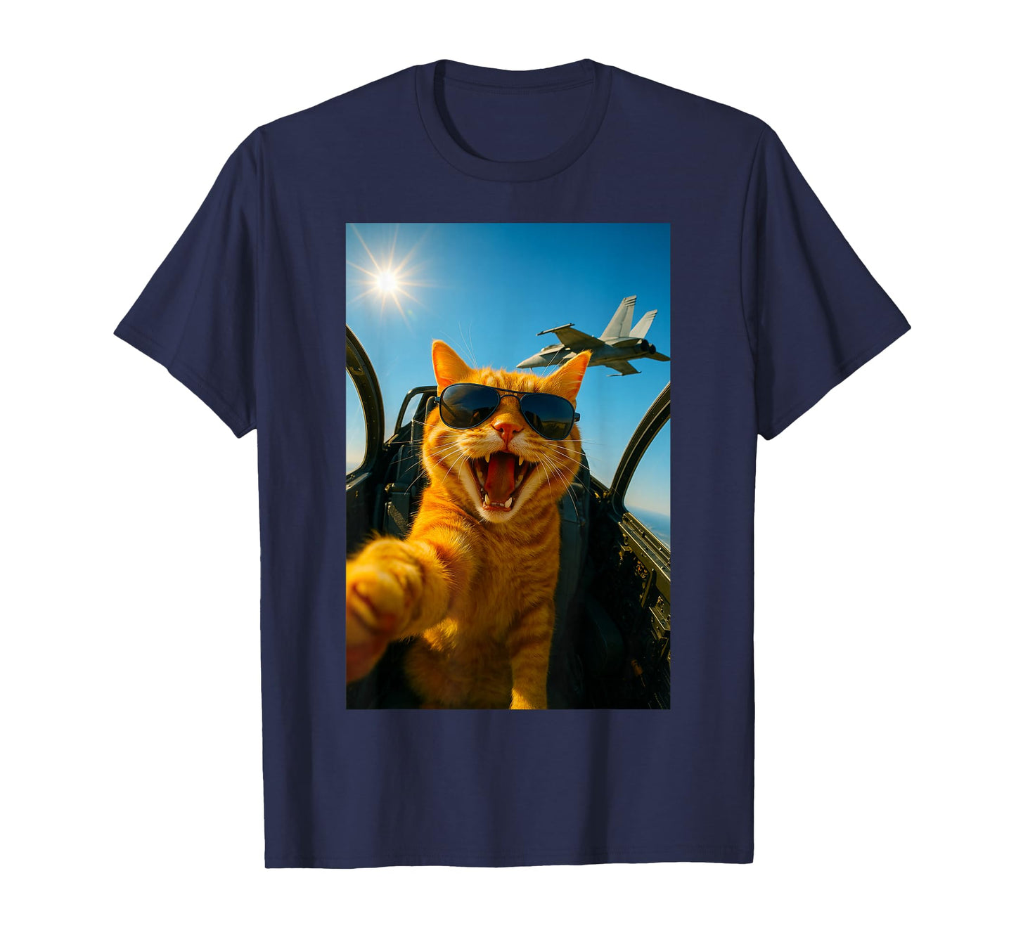 Funny Fighter Jet Cat Selfie Cool Sunglasses Aviation Humor T-Shirt