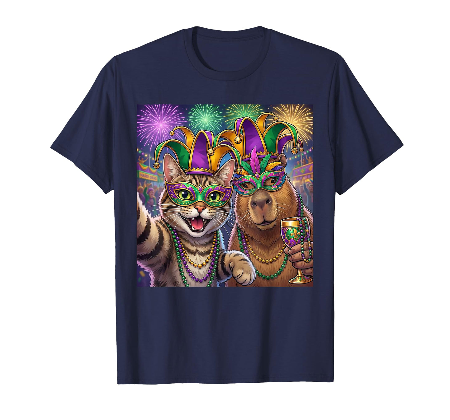 Funny Cat Capybara Selfie Mardi Gras Carnival Party Art T-Shirt