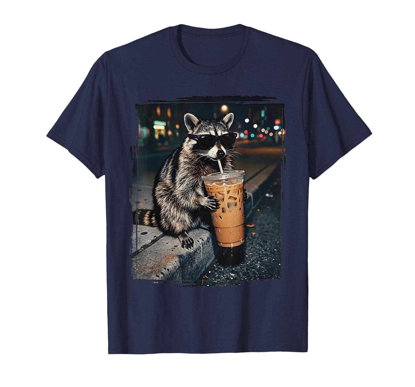 Feral for Iced Coffee Funny Cool Raccoon Drinking Sunglasses T-Shirt