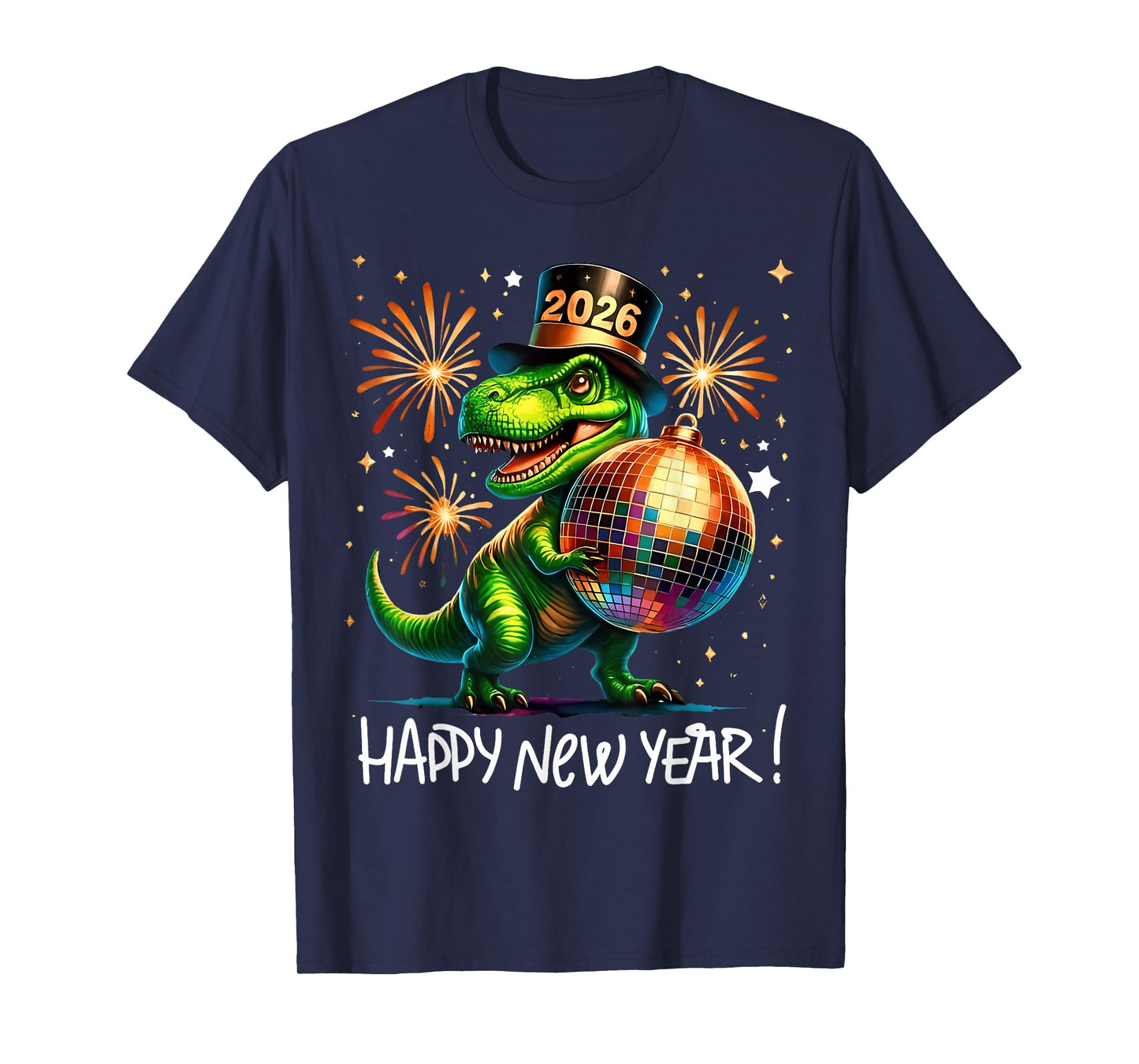 T Rex Happy New Year 2026 Disco Ball Fireworks Tee T-Shirt