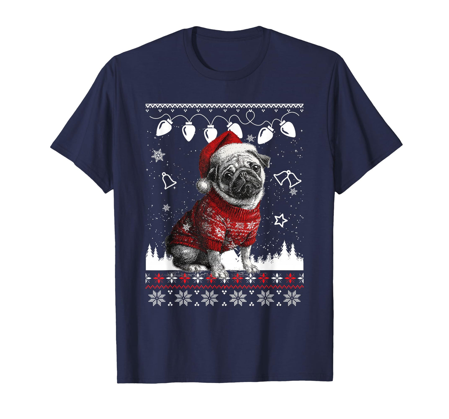 Cute Pug Christmas Wearing Sweater Funny Xmas Dog T-Shirt