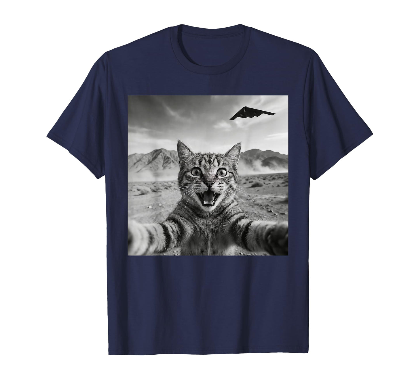 B-2 Bomber Stealth Flyover USA UFO Aircraft Funny Cat Selfie T-Shirt