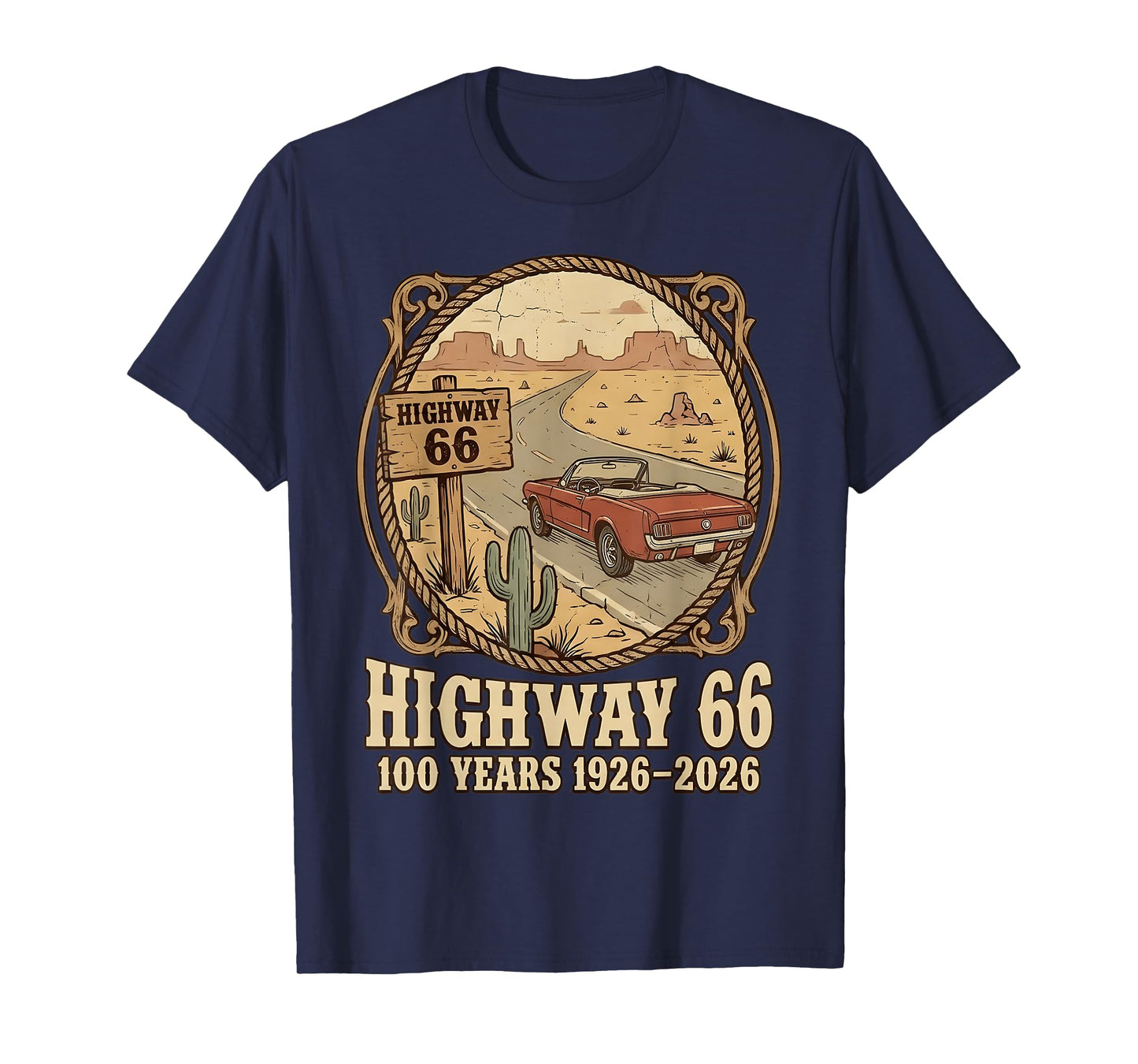 Highway 66 100 Years 1926-2026 Classic Car Lover Anniversary T-Shirt