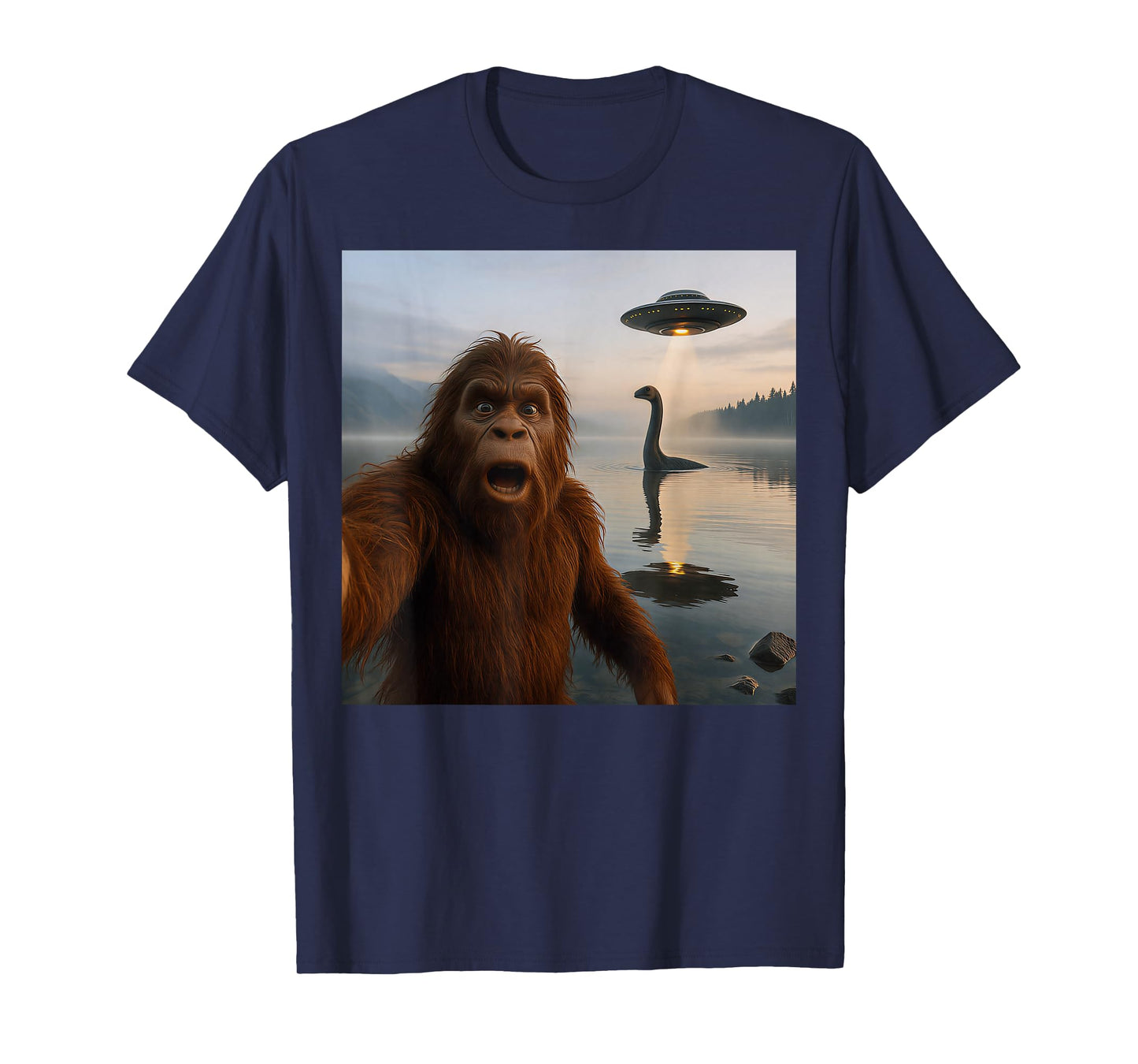 Funny Bigfoot Selfie with Loch Ness Monster and UFO Aliens T-Shirt
