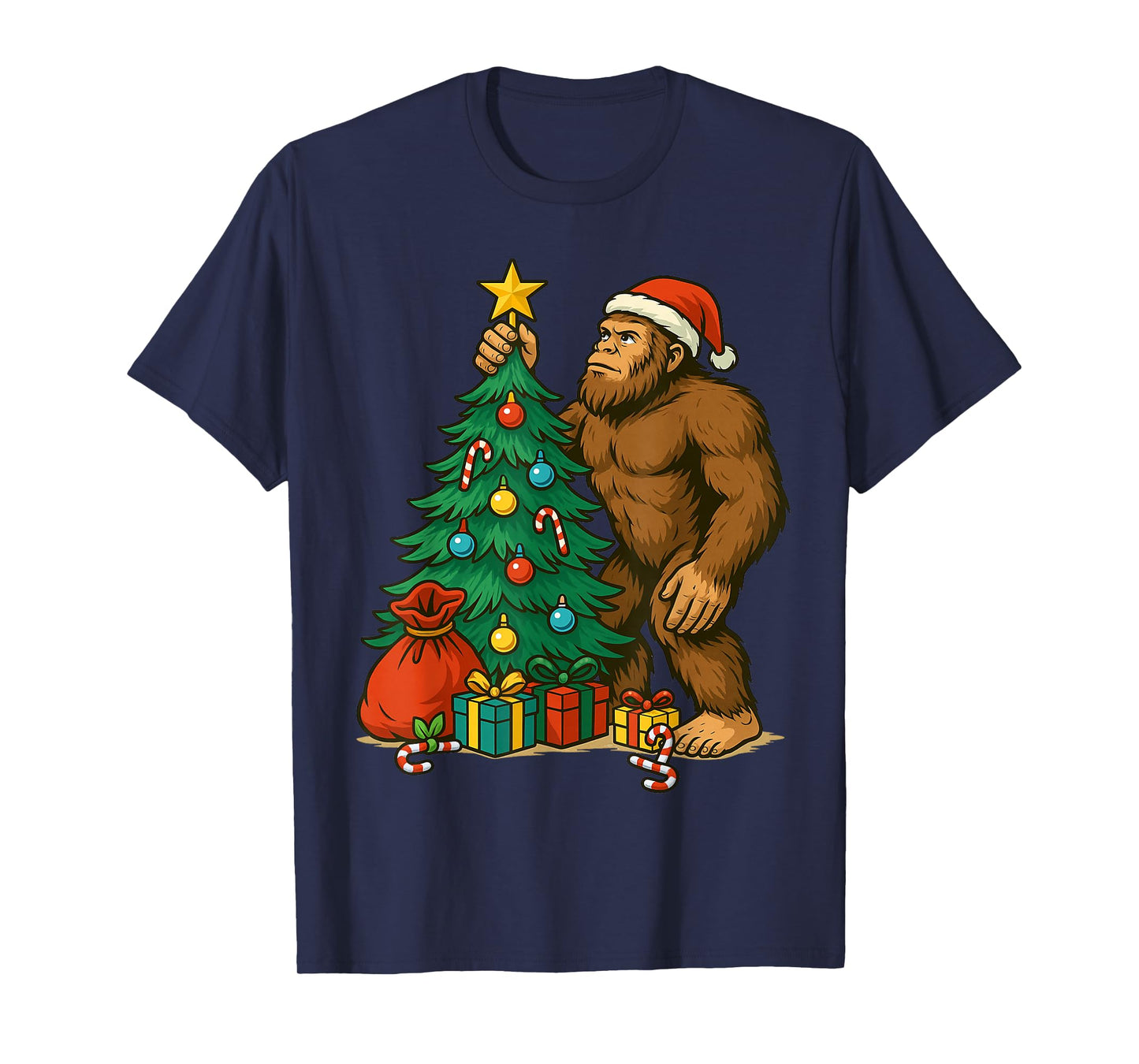 Santa Bigfoot Christmas Tree Lights Xmas Boys Men Sasquatch T-Shirt