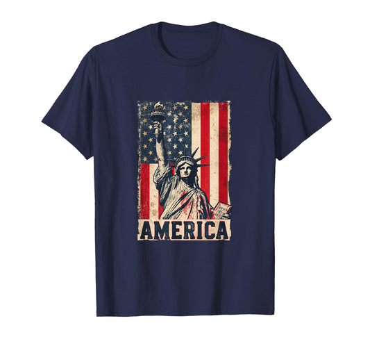 America Flag with Statue of Liberty Vintage Art T-Shirt