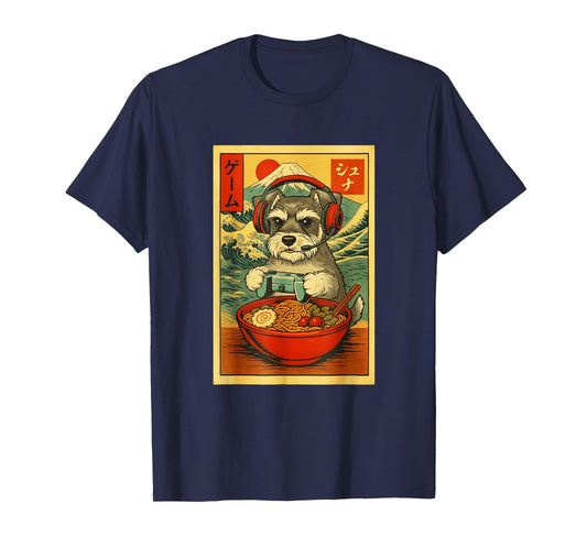 Schnauzer Dog Gaming Ramen Japanese Ukiyo-e Great Wave Retro T-Shirt