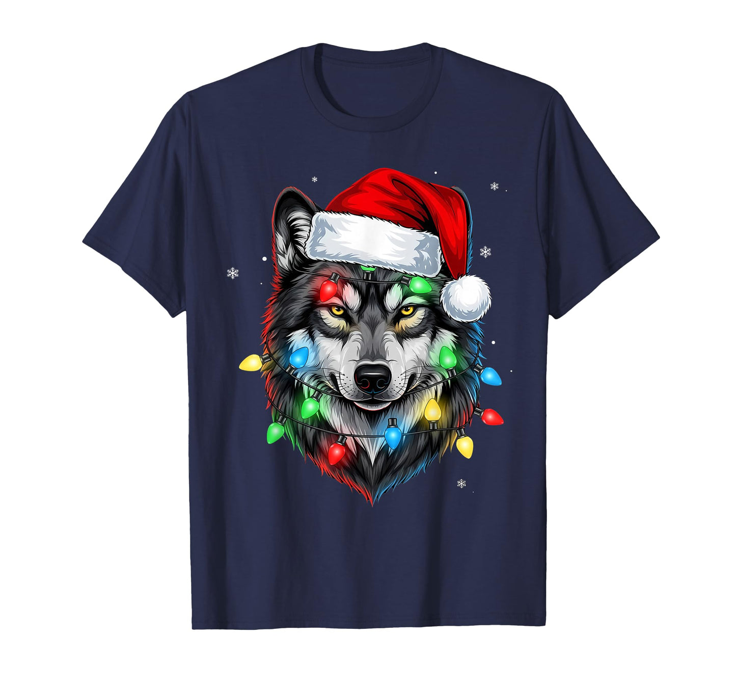 Christmas Lights Wolf Santa Hat Cute Xmas Pajamas T-Shirt