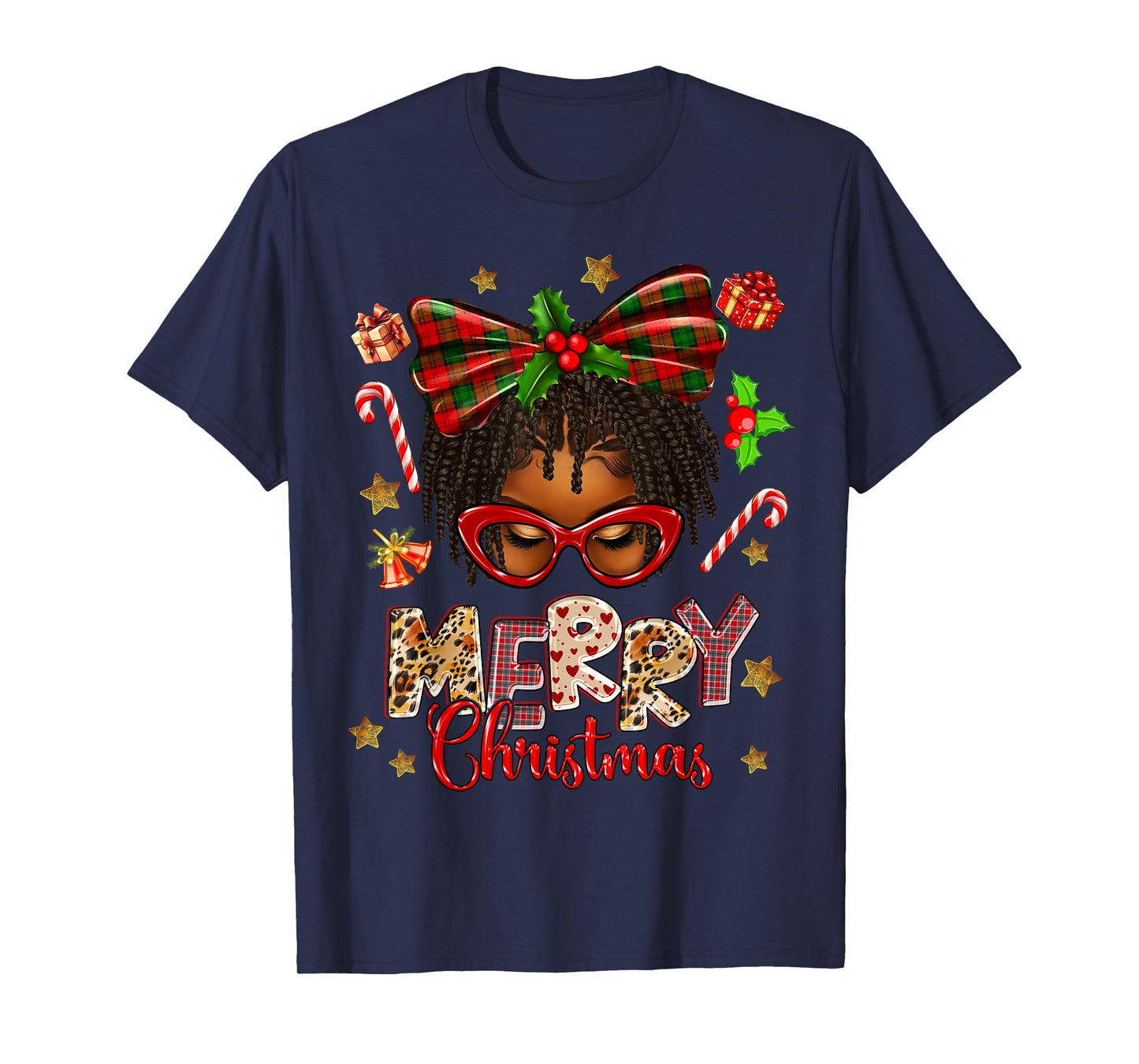 African American Woman Locs Hair Santa Hat Merry Christmas T-Shirt