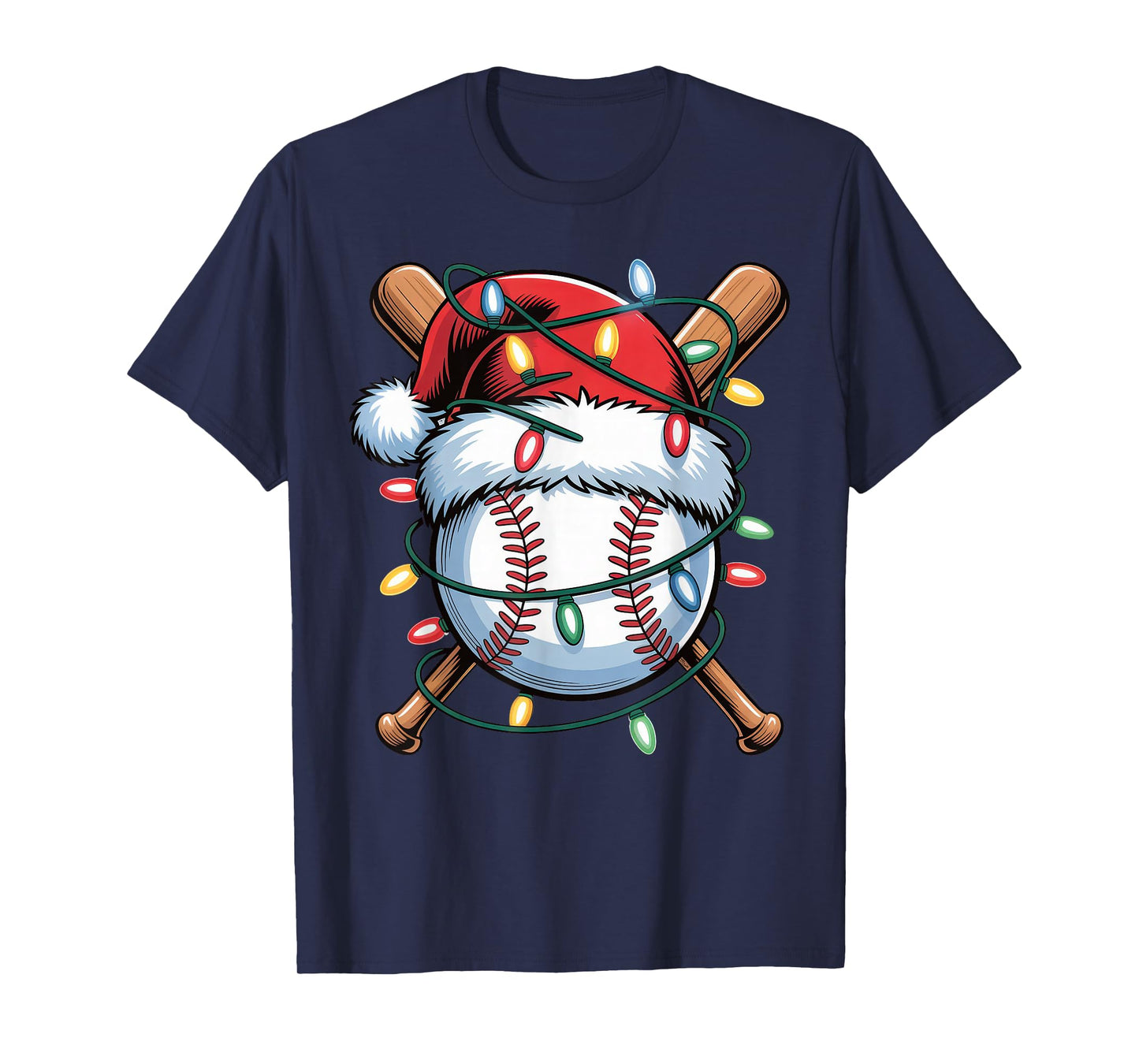 Baseball Christmas Lights Men Boys Youth Santa Sports T-Shirt