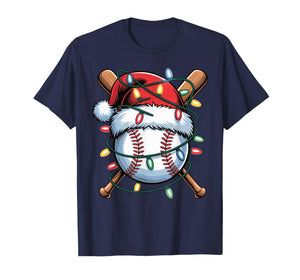Baseball Christmas Lights Men Boys Youth Santa Sports T-Shirt