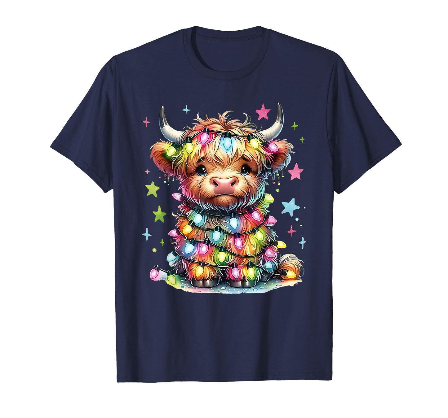 Merry and Bright Highland Cow Christmas Light Cow Lovers T-Shirt