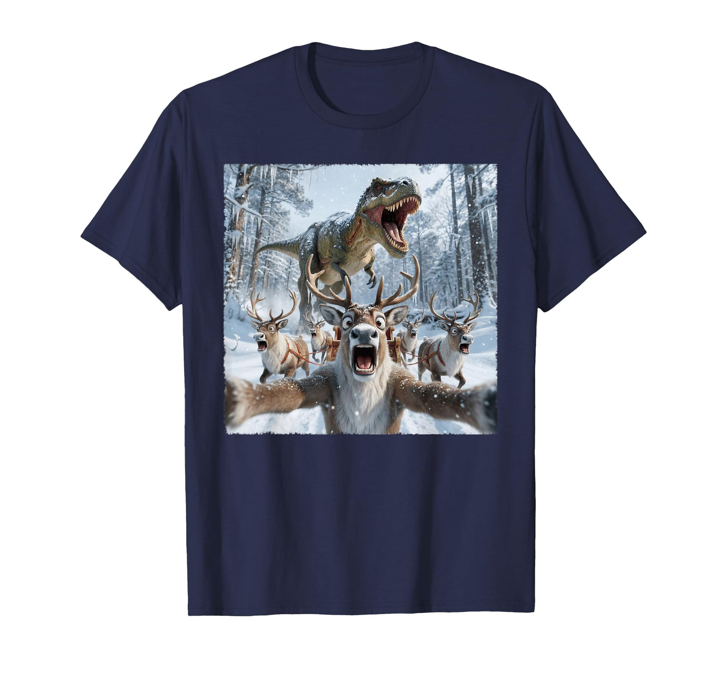 Funny Reindeer Selfie with T-Rex Dinosaur Christmas T-Shirt