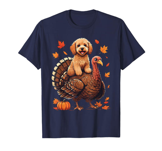 Cavapoo Riding Turkey Thanksgiving Day for Mom Dad Kids T-Shirt