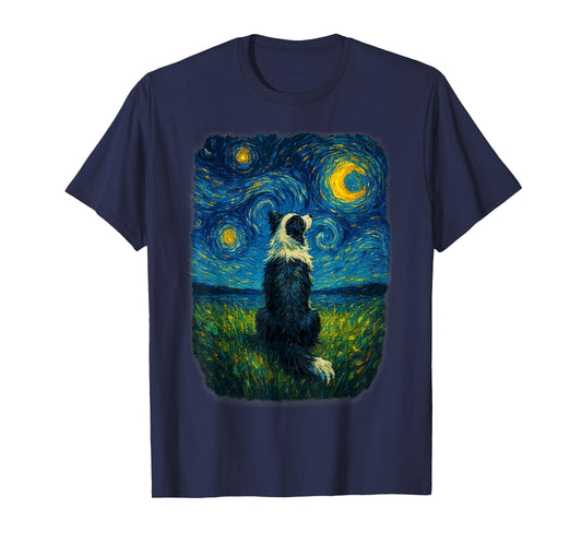 Border Collie Back Starry Night Impressionist Dog Aja Art T-Shirt