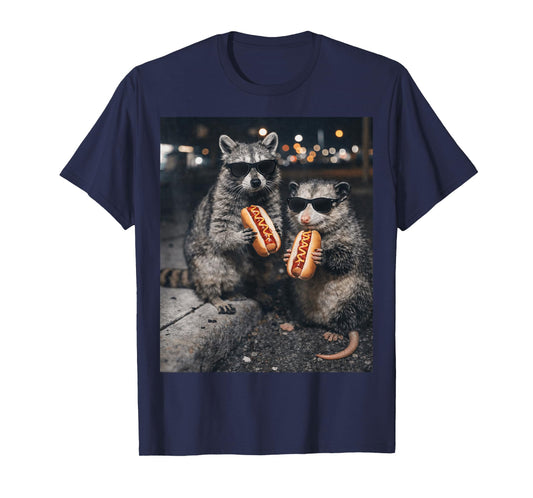 Funny Raccoon and Opossum Eating Hotdogs. Raccoon Lover T-Shirt