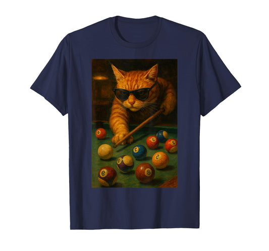 Cat Playing Pool Sunglasses Billiards Cool Art Illustration T-Shirt
