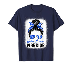 Colon Cancer Warrior CRC Colorectal Cancer Blue Messy Bun T-Shirt