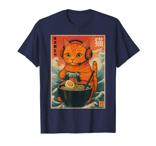 Cute Kawaii Gamer Cat Funny Ramen Retro Japanese Cat Gaming T-Shirt