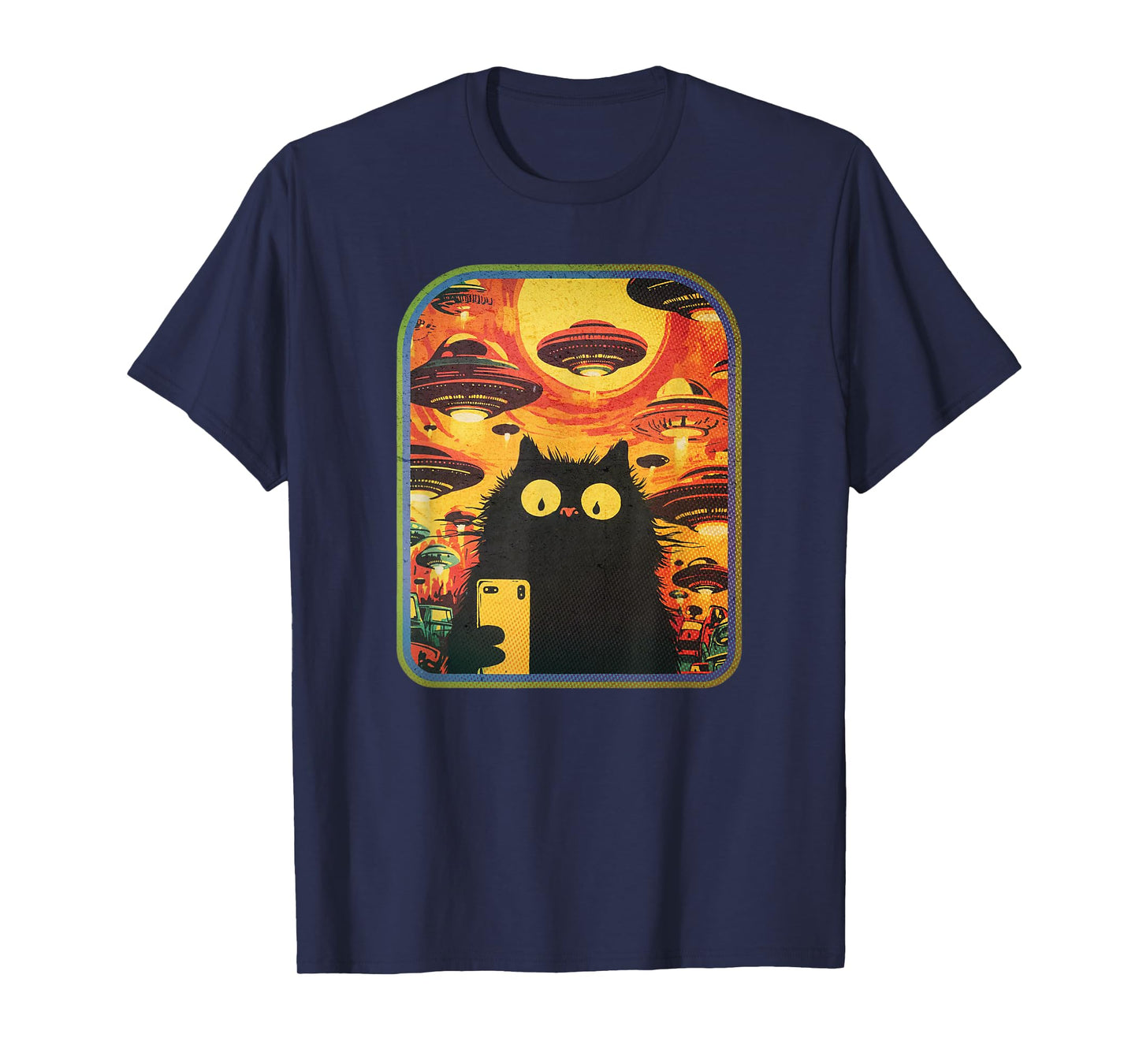 Retro Space Cat Selfie with UFOs T-Shirt