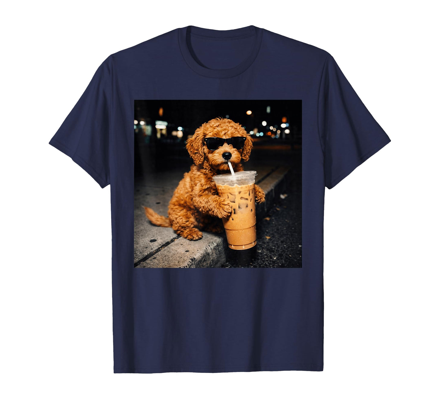 Funny Goldendoodle Drinking Iced Coffee Animal Meme Humor T-Shirt