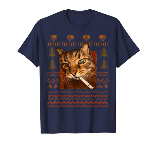 Funny Smoking Cat Meme Christmas Ugly for Men Women T-Shirt